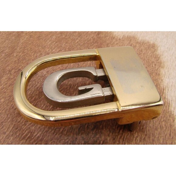 Letter G Initial Monogram Swing Arm Belt Buckle Two Tone Gold Silver Unisex Vtg - Picture 1 of 12